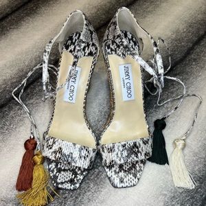 Jimmy Choo Deva 85 mm Roccia Snakeskin Print Leather Mix Tassel Espadrille Wedge